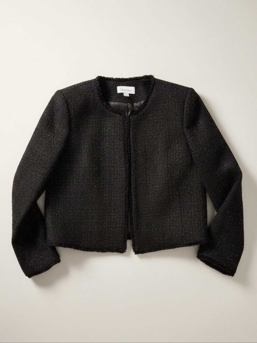 Calvin Klein Black Metallic Bouclé Jacket w/Frayed Hem & Pockets – Size 12